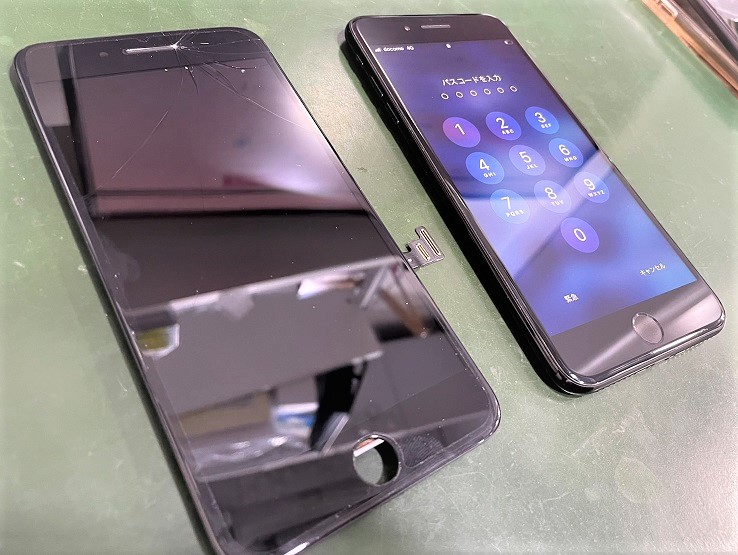 iPhone7Plusの画面割れパーツと、修理後端末