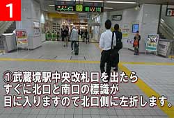 1.武蔵境駅中央改札口を出たらすぐに北口と南口の標識が目に入りますので北口側に左折します。